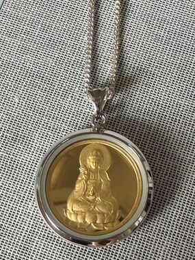 Sterling Silver & Gold Vermeil Guanyin Pendant Necklace | Buddhist Medal